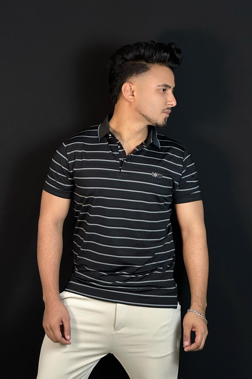 কালো কালার স্ট্রাইপ পোলো টি-শার্ট-Luis